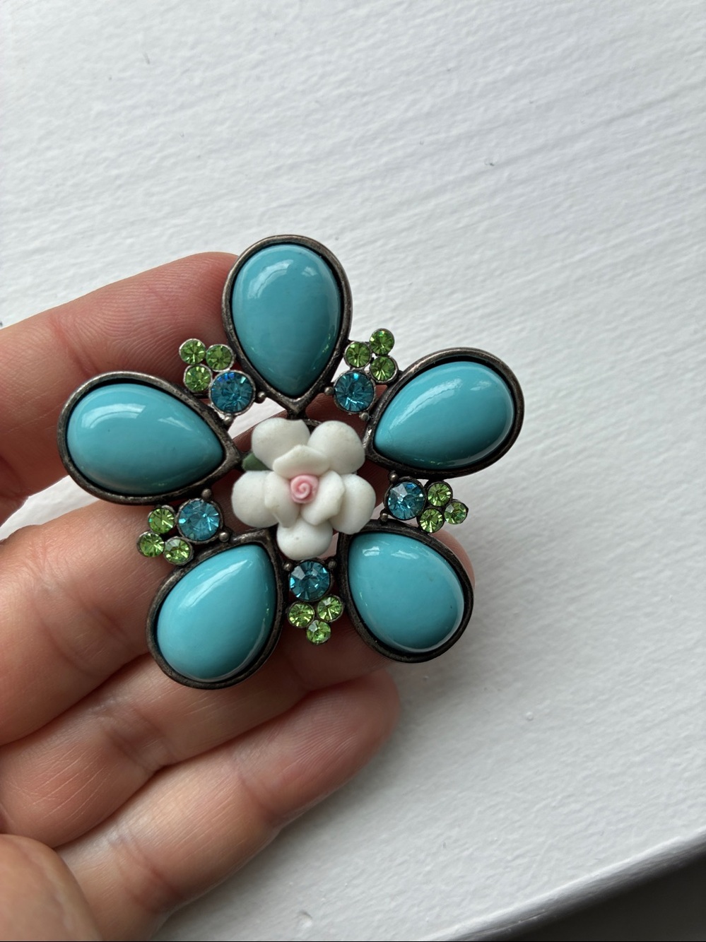 Turquoise Floral Statement Brooch with Crystal Accents